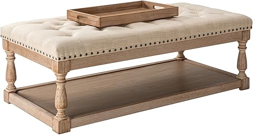 Miniatura 7 de HULALA HOME Mesa auxiliar otomana rectangular con bandeja, otomana copetuda para sala de estar con estante de almacenamiento de madera maciza, lino