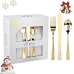 WDF 120 Pieces Gold Plastic Silverware - Disposable Flatware Set - Heavy Duty Christmas Plastic Cutlery - Silverware Includes 40 Forks, 40 Spoons, 40 Knives