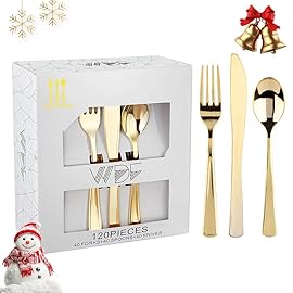 WDF 120 Pieces Gold Plastic Silverware - Disposable Flatware Set - Heavy Duty Christmas Plastic Cutlery - Silverware Includes 40 Forks, 40 Spoons, 40 Knives