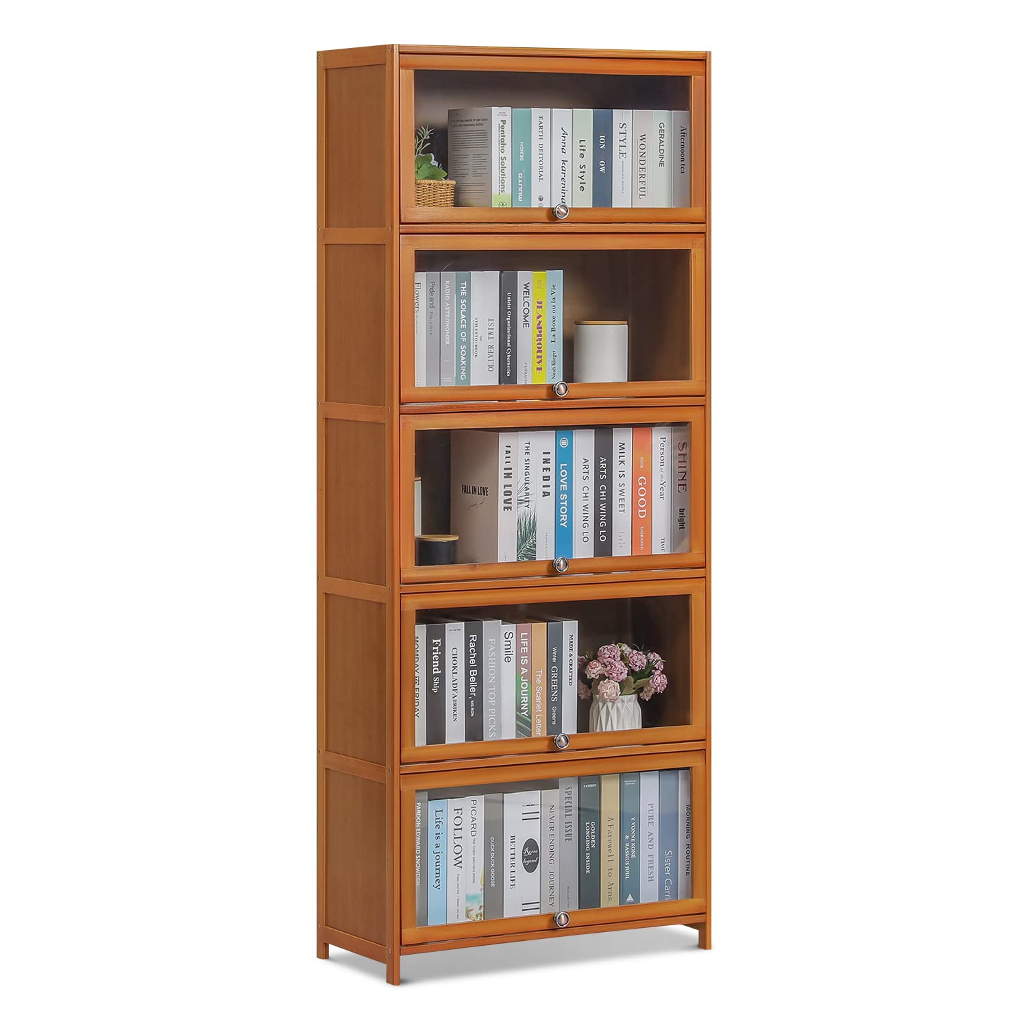 MoNiBloom 5 Tier Book Cabinet filled with books and decorative items in a living room setting