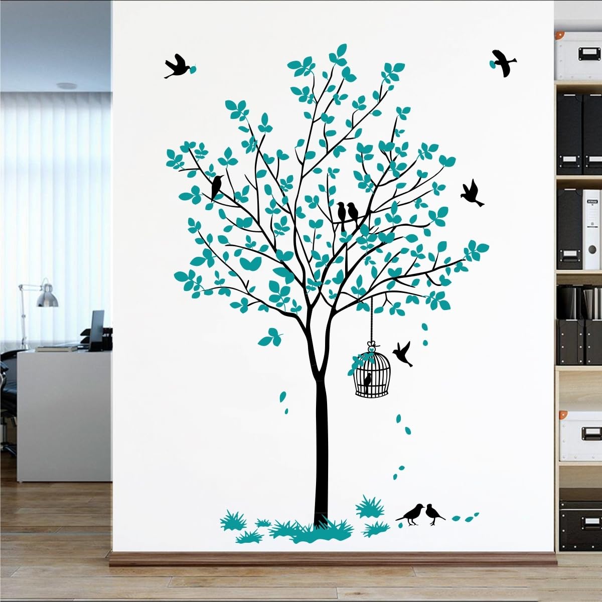Blue Tree with Birds Cage and Nest