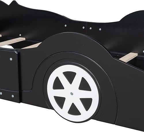 Miniatura 7 de SOFTSEA Cama de plataforma en forma de auto de tamaño individual, cama de automóvil de carreras con ruedas para niños y niñas, marco de cama de piso