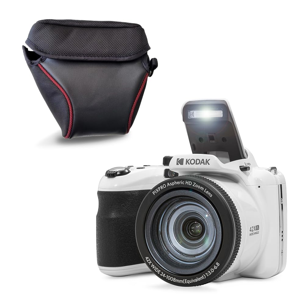 KODAK Pixpro AZ425 Aparat mostkowy 20 MP z 42-krotnym zoomem optycznym + futerał ochronny - wideo Full HD 1080p, szeroki kąt 24 mm, stabilizator, 3-calowy wyświetlacz LCD - biały
