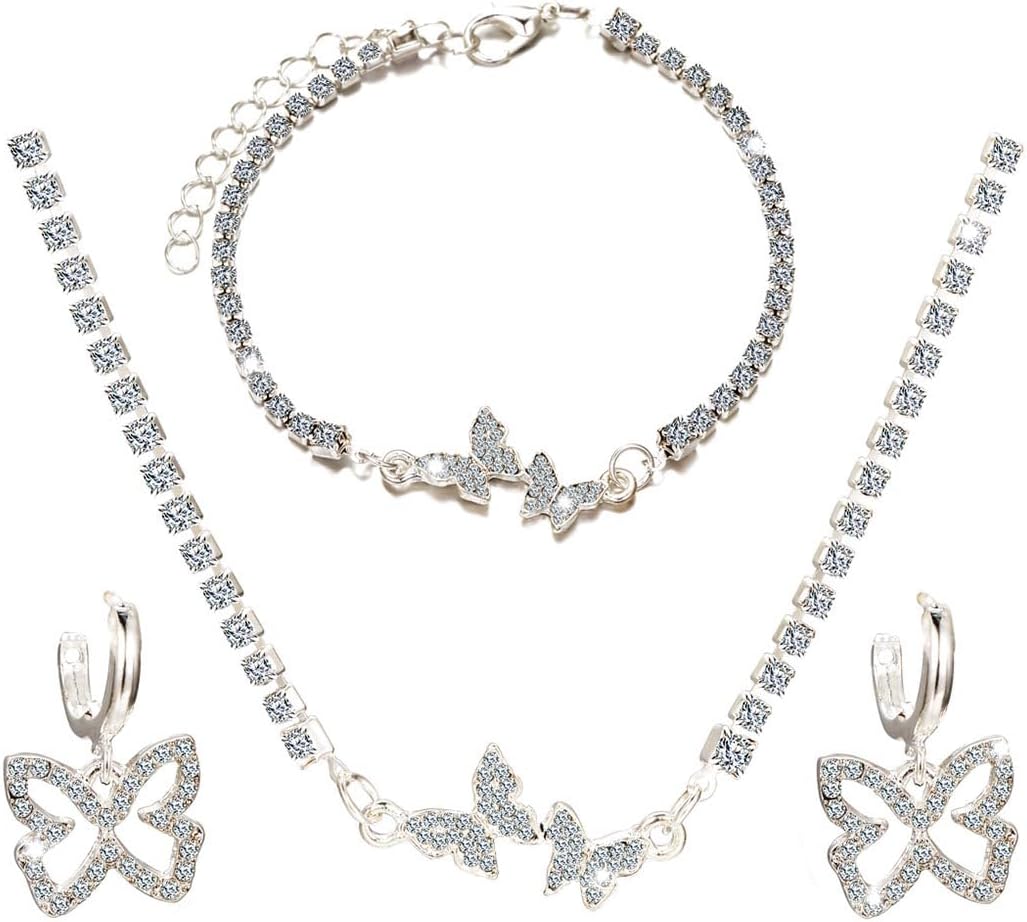Butterfly Rhinestone Jewelry Set Silver Sparkly Crystal Necklace Chain with Bracelets and Earrings for Women(3PCS)