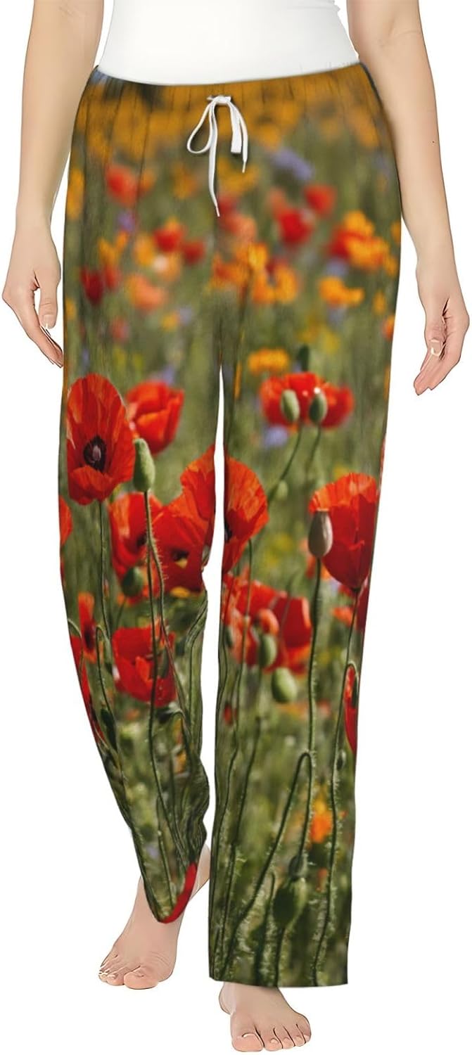 Poppy Flowers Print Fashion Cozy Womens Flannel Pajama Pants,Perfect For Christmas And Everyday Wear