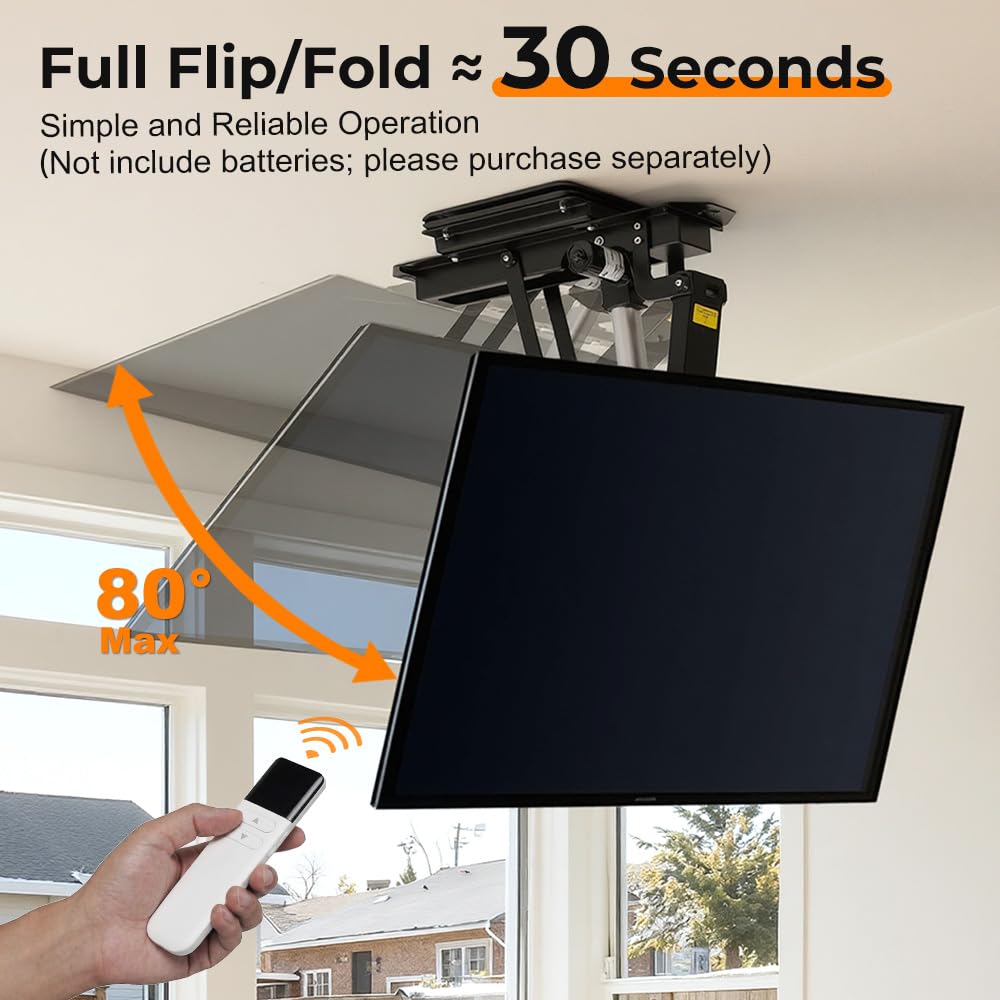 OUTFINE Electric Flip Down and Swiveling Ceiling TV Mount for 32–75 Inch Flat or Curved Screens, Motorized Fold Down Lift with Remote Control, 360°Manual Swivel and 0–80°Electric Tilt