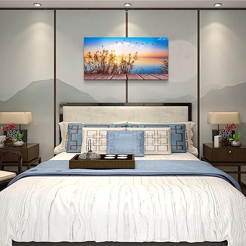 Miniatura 5 de Arte de pared para sala de estar póster con impresión decorativa pintura de paisaje de playa, sol, hierba y océano decoración de habitación, cuarto