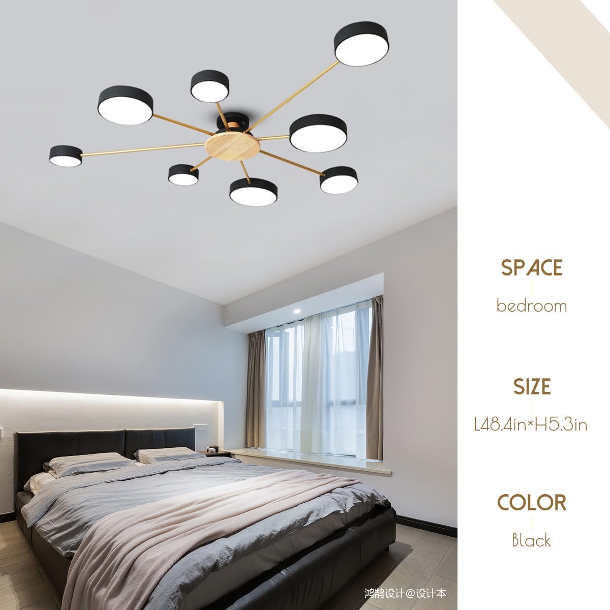 96W Dimmable Led Ceiling Light, 3000K-6000K Three Color Temperature Modern Pendant Lamp, 8 Lights Black, 48.4 Inches, Close to The Ceiling, Suitable for Living Room Bedroom Dining Room Office