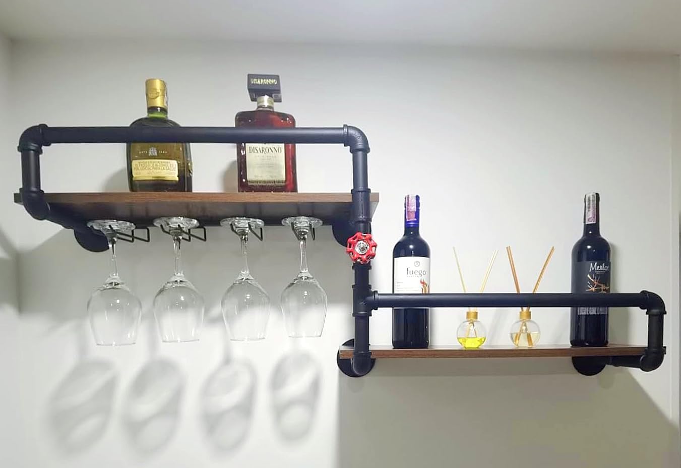 Wine Rack Wall Mounted 2 Tier,43.3" Rustic Wine Bottle Glass Hanging Floating Liquor Bar Shelves with 4 Stem Glass Holder, Industrial Modern Kitchen Dining Room Coffee Bar Black (43.3"Lx17.7"Hx9.3"W)