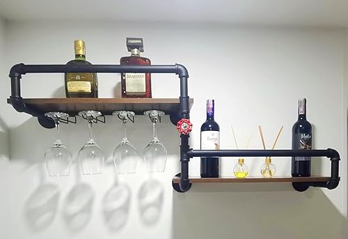 MAIKAILUN Estante para vinos montado en la pared de 2 niveles, colgante industrial flotante de 24 pulgadas, estantes pequeños para licores con 4