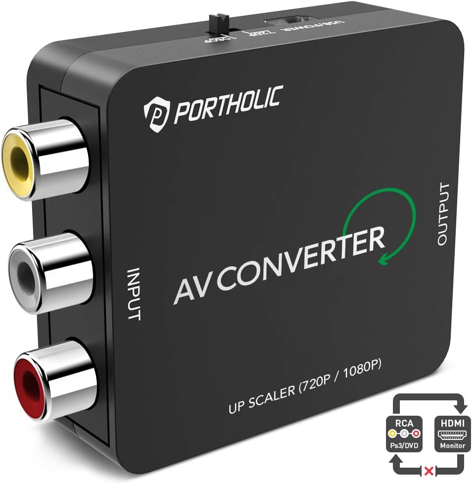 PORTHOLIC RCA to HDMI Converter AV to HDMI Adapter Support 1080P with USB Charging Cable for PC, Xbox, PS4, PS3, TV, STB, VHS, VCR, Camera and DVD