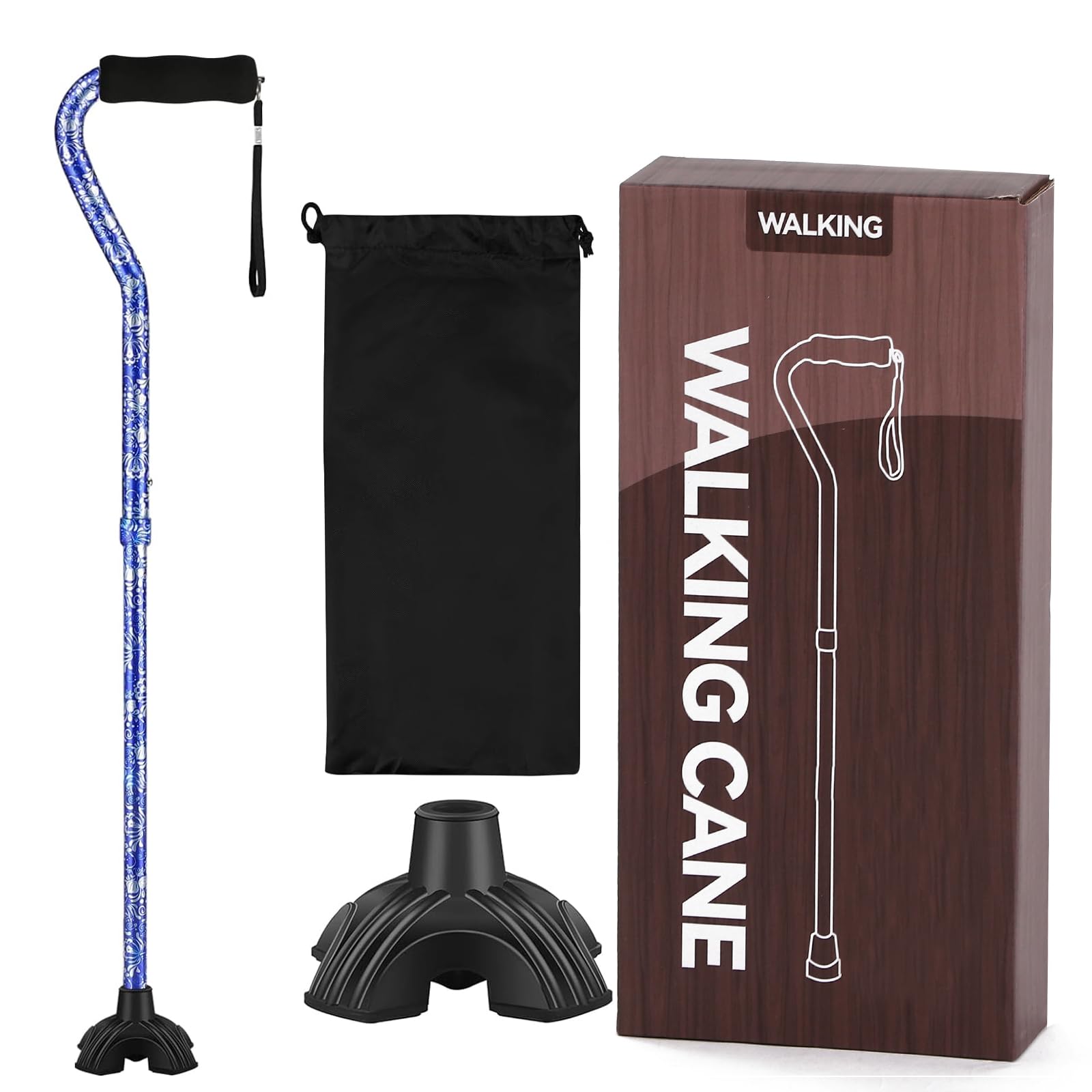 Bastón plegable ligero con mango escalonado, ajustable para equilibrio de movilidad de ancianos, pequeña base, flor de 81,3 a 94,4 cm