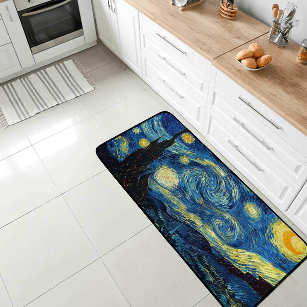 Tappetino Bagno A.Monamour Notte Stellata Van Gogh, 40x60 Cm, Antiscivolo Con Gommini, Morbido E Assorbente In Microfibra Memory Foam, Lavabile, Stampa Artistica