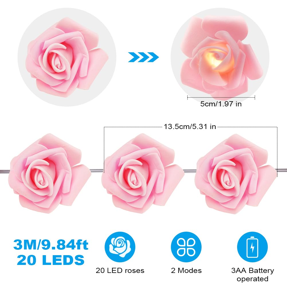OSDUE Guirnalda de luces LED de Rosas 3m 20 LED Mini Luces de Hadas Impermeable Guirnalda de Flores con Batería 2 Modo de Iluminación Luces Navidad Light de Hadas para Fiesta Habitación Jardín(Blanco)