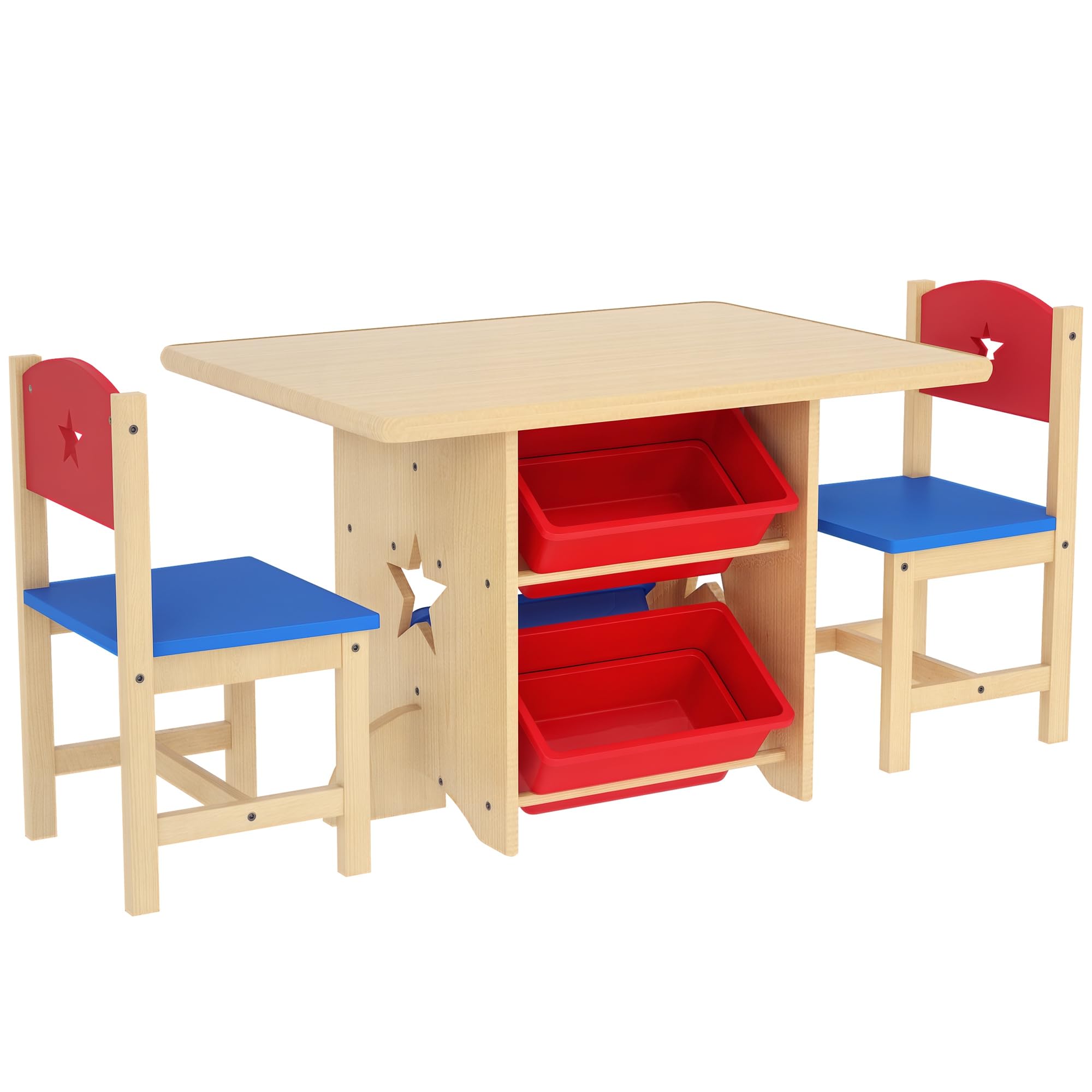 AIYAPLAY Table Enfant avec 2 chaises, Ensemble 3 pièces en Bois, 4 bacs de Rangement, pour Enfants 3-7 Ans