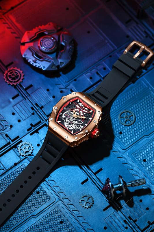Image of Giordano Analog Skeleton Dial Watch for Men - Tonneau Case, Silicone Strap, Open-Gear Sport Design, Quartz Movement