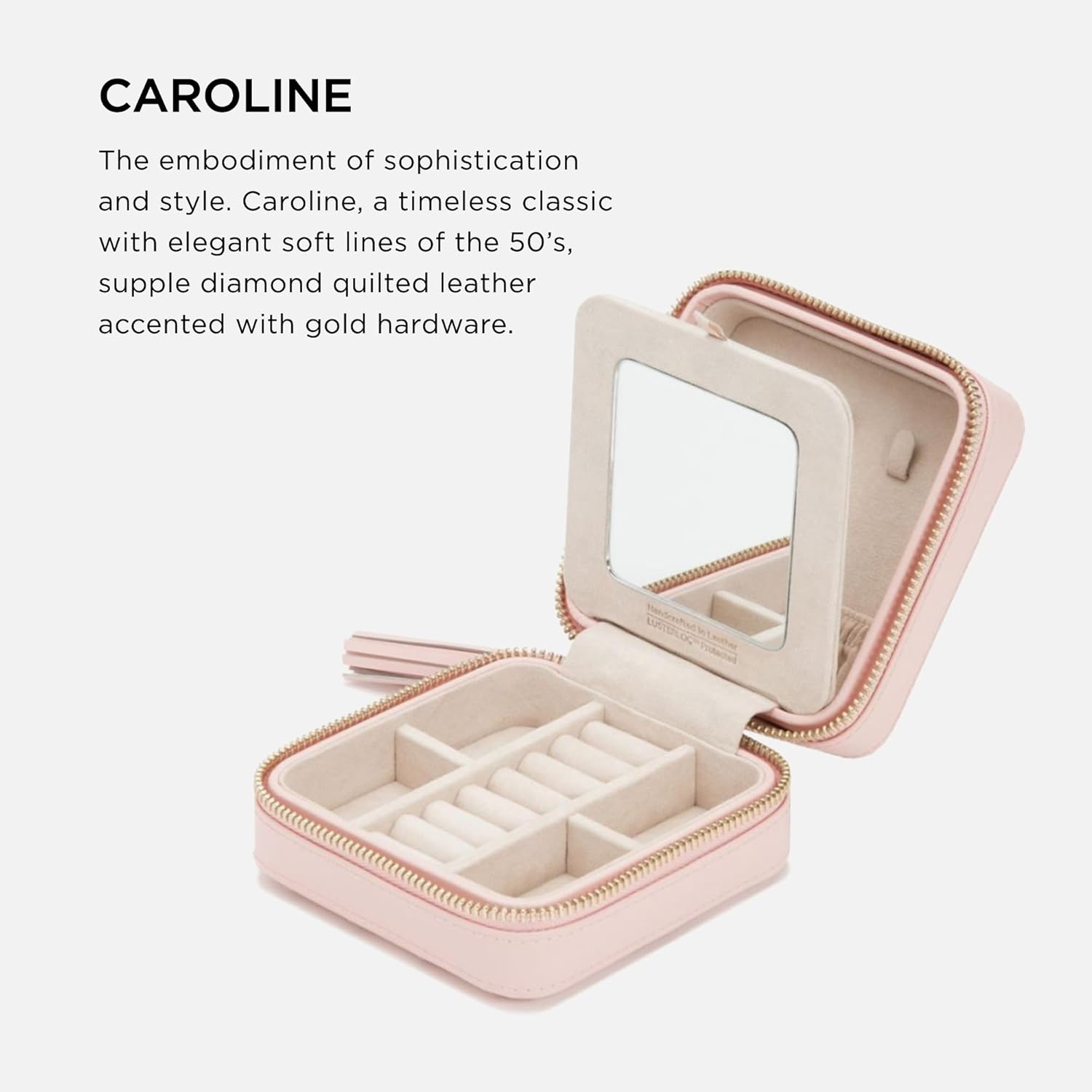 WOLF Caroline Zip Travel Case, Rose Quartz - Seven Ring Rolls, Four Compartments, Three Necklace Hooks & Pocket - Anti-Tarnish LusterLoc Lining