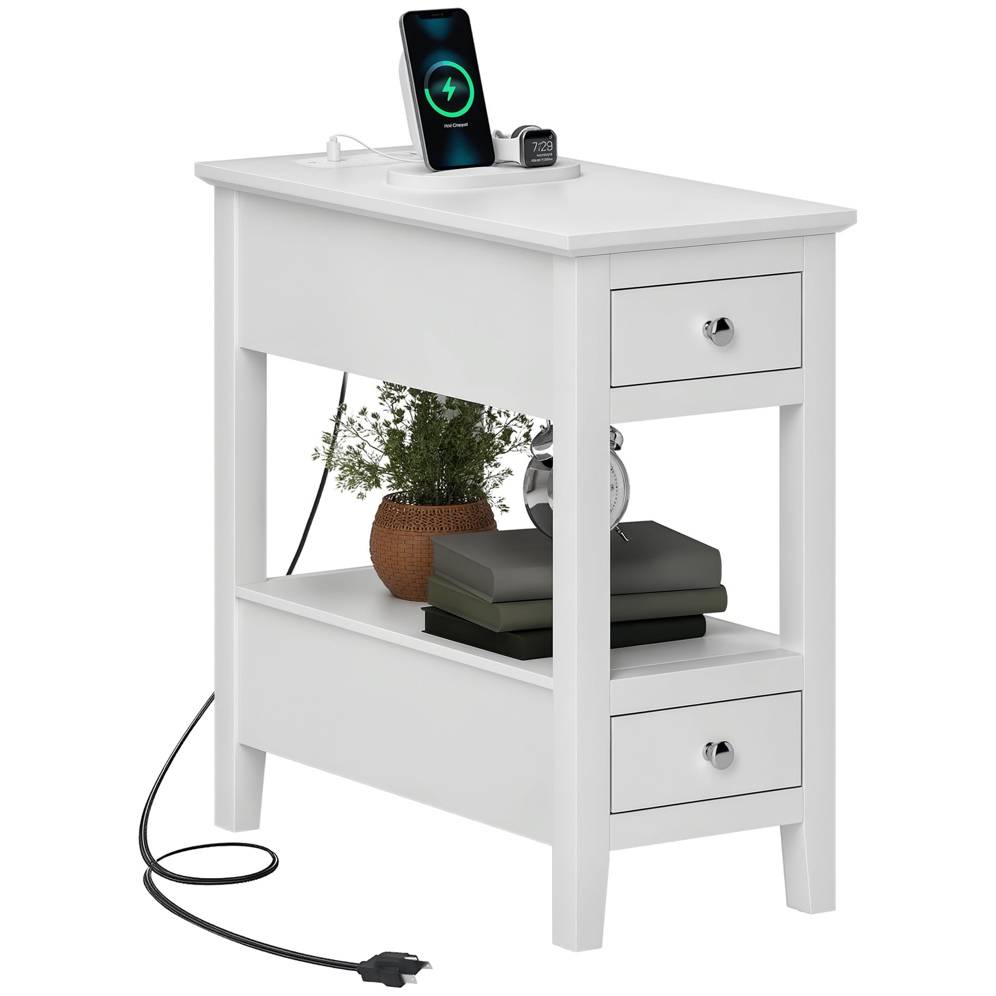HOMCOM End Table with Charging Station and USB Ports, Modern Narrow Side Table with Storage Shelf, 2 Drawers, Nightstand for Bedroom Living Room, White