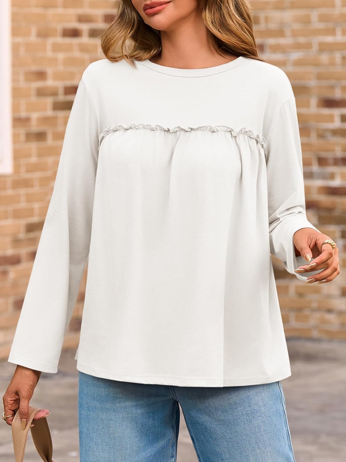 Cicy Bell Womens Babydoll Tunic Tops Pleated Long Sleeve Crew Neck Peplum Shirts Casual Loose Fit Flowy Blouse - Image 3