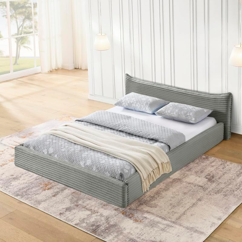 Queen Size Bed Frame with Upholstered Headboard, Soft Velvet Floor Bedframe, Modern Queen Platform Bed with Curved Headboard,Solid Wood Slats, No Box Spring Needed, Grey