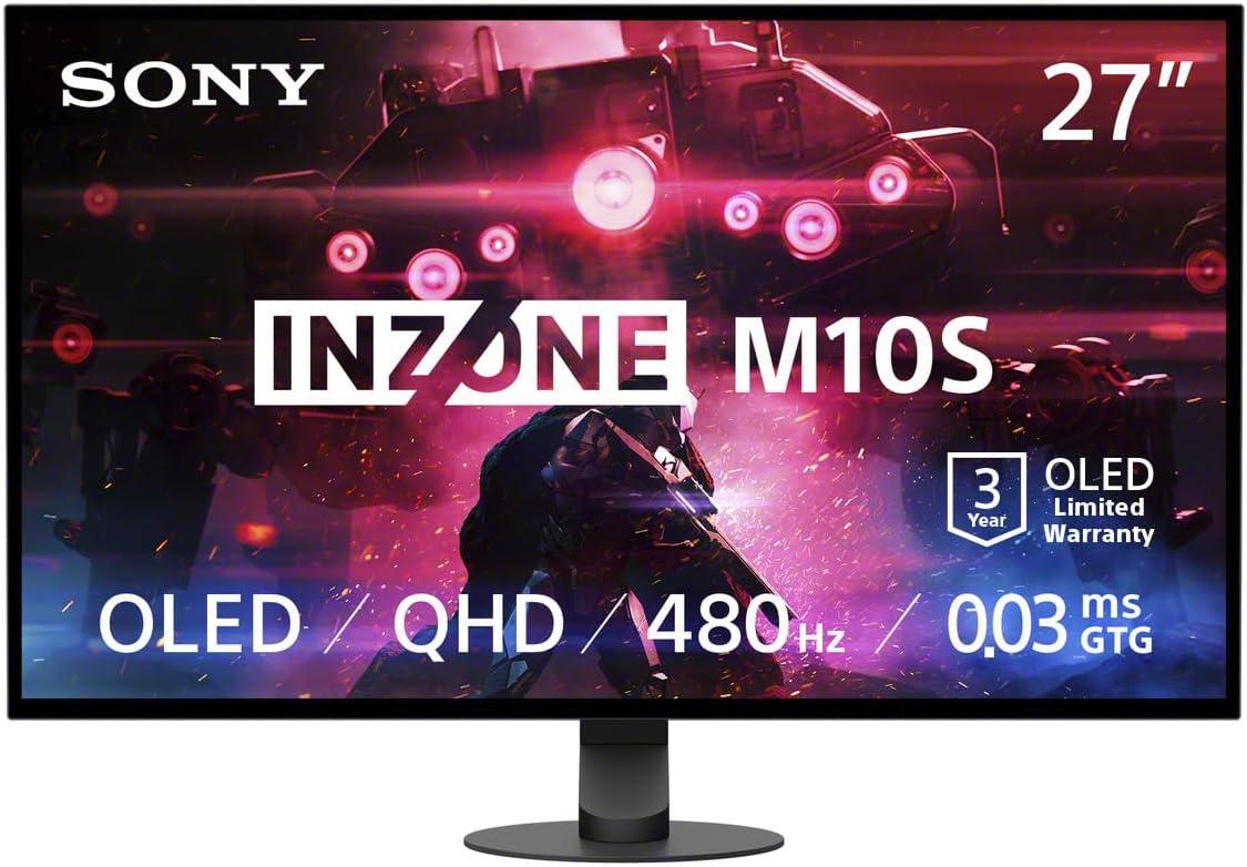 INZONE M10S 27” OLED QHD (2560x1440) 480Hz 0.03ms GTG NVIDIA G-SYNC Compatible Gaming Monitor DisplayHDR 400, Anti-Glare, DisplayPort 2.1 (UHBR10), VRR HDMI 2.1, USB, Tilt/Swivel/Height