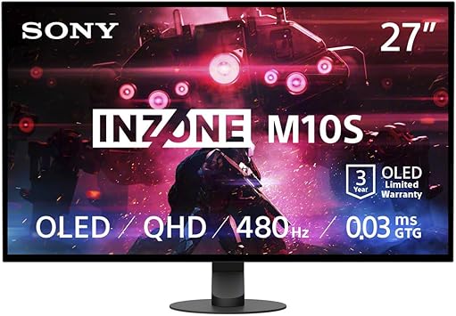 Sony INZONE M10S 27 OLED 1440p Gaming Monitor 480Hz 0.03ms, Low Profile Stand, Tournament Mode, Dual Screen Size (24.5), G-SYNC Compatible, Anti-Glare, Custom Heatsink,