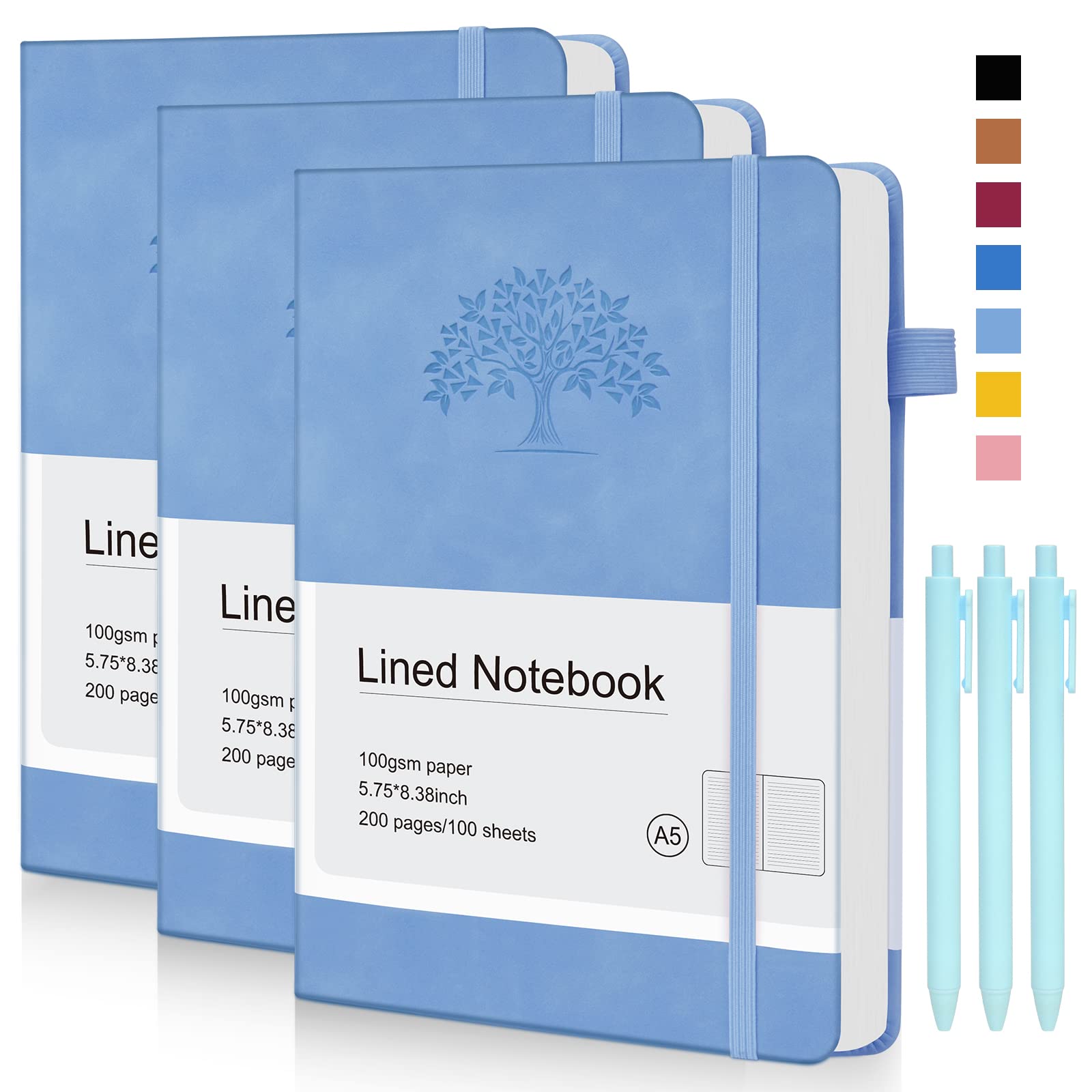 Lined Journal Notebook for Women Men, 3 Pack A5 Small Hardcover Journals for Writing with 200 Pages 100 Gsm Thick Paper, Leather Journal Ruled Notebook for Travel Work Business Journaling Note Taking Diary( 5.75'' X 8.38'' Blue)