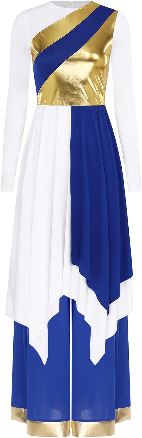 Women Liturgical Praise Dance Outfits Color Block Dress with Wide Leg Pants Church Worship Dancewear