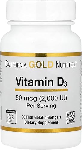 California Gold Nutrition Vitamina D-3 50 Mcg 2000 IU 90 cápsulas de gelatina de pescado, sin huevos, sin gluten, sin leche, sin maní, sin soja, sin