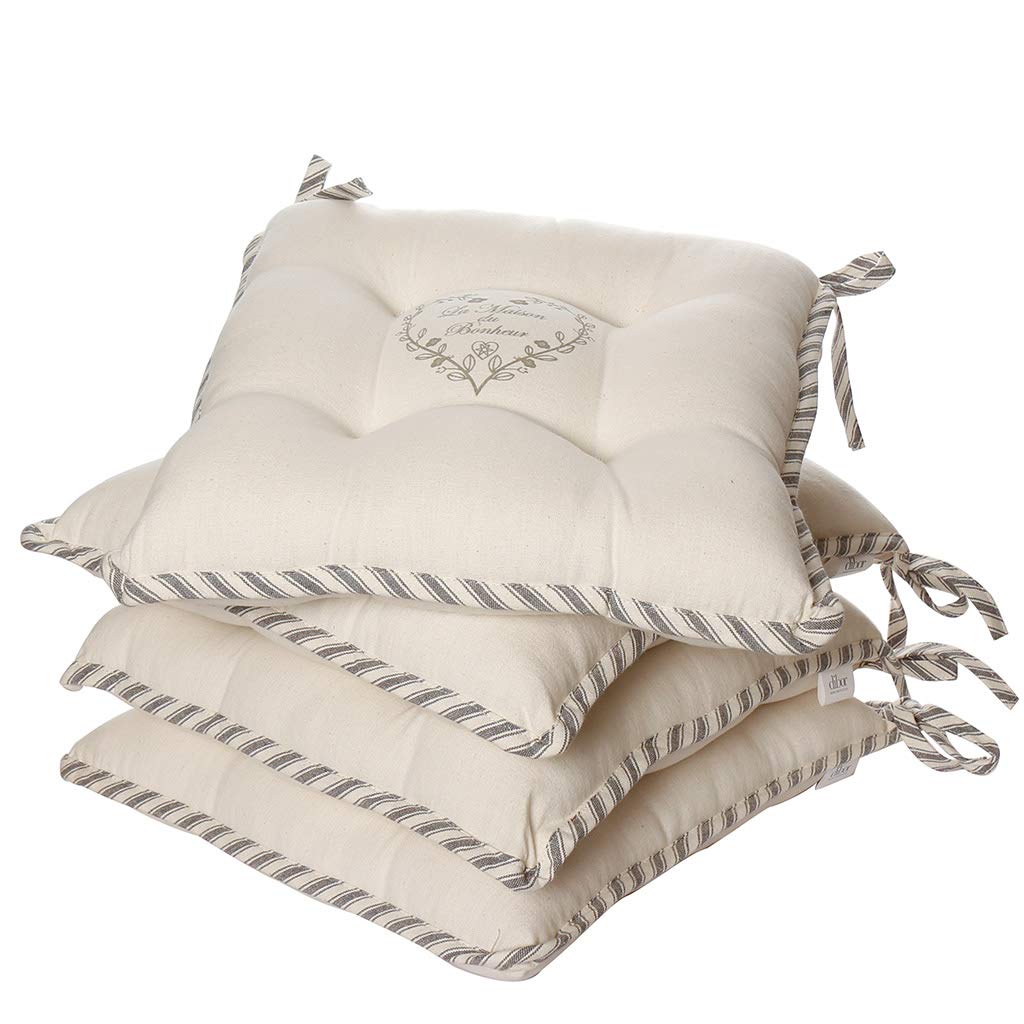 Dibor Set of 4 Seat Pads - Grey Striped Heart 100% Cotton Tie On Mattress Chair Cushions โ image 1