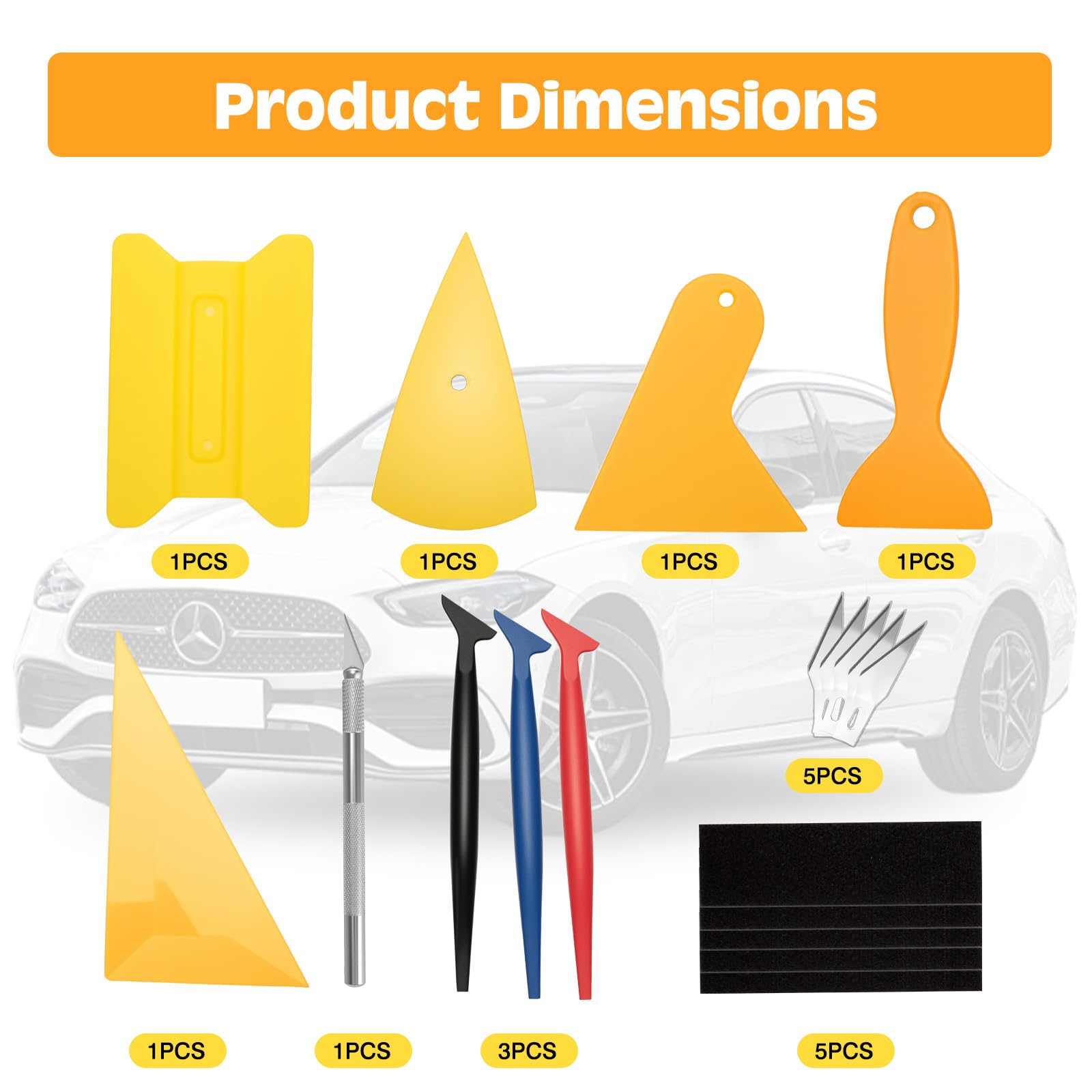 VINATO Kit de 10 Racloirs pour Films Automobile et Vitres – Raclette en Feutre, Triangulaire, Micro Raclette, Grattoir à Bords, Cutter de Précision