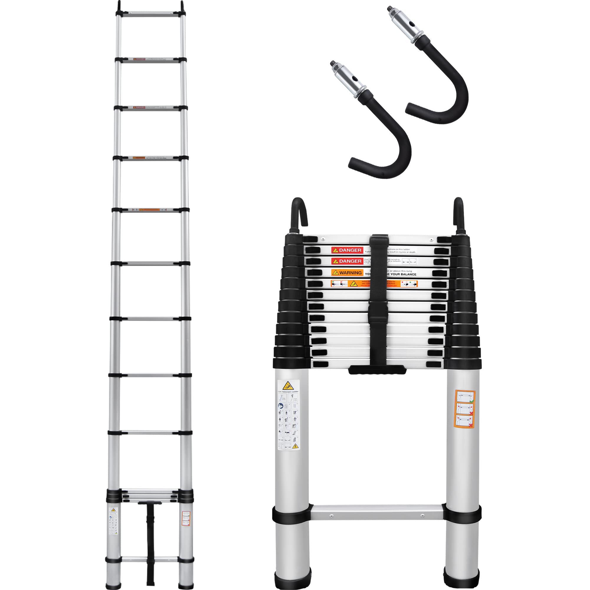 5M Aluminum Telescoping Ladder with Detachable Hooks Telescopic Extension Ladder Retraction Collapsible Ladder Portable Folding Lightweight, Capacity 330LBS โ image 1