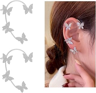 2PCS Butterfly Earrings Butterfly Ear Cuff Earrings for Women Ear Wrap Crawler Earrings Non-Pierced Ear Clip Cuff Butterfly Earrings Fashion Statement Simple Chain Earrings Jewelry (Silver)