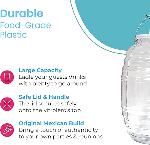 Miniatura 3 de Vitrolero mexicano transparente con tapa, jarra de 5 galones para agua frescas, jugo, té solar u otras bebidas con tapa, 20 L transparente,
