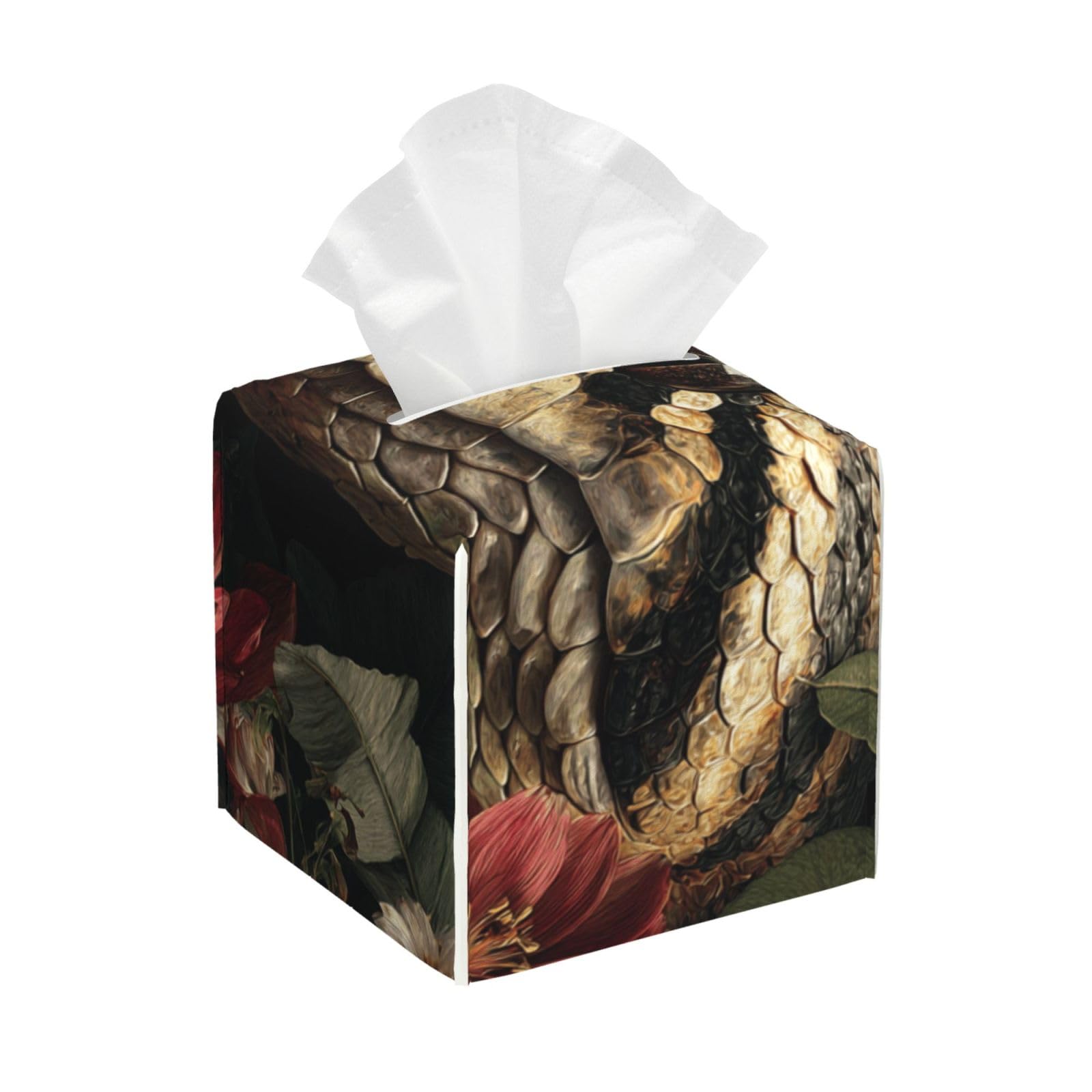 Jungle Snake and Flowers Leaves Tissue Box Cover Square Pu Leather Waterproof Tissue Box Holder for Car Bathroom Bedroom Office Tabletop Decor