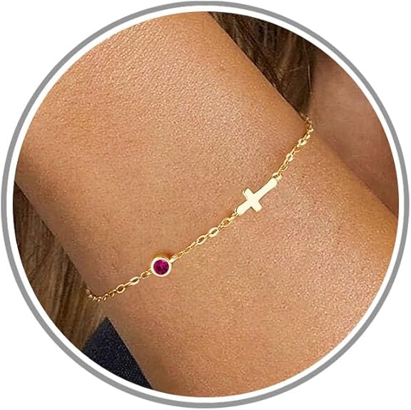 Cross Bracelet with Birthstone Dainty Gold Bracelets for Women Birthday Gift Christian Gifts for Her Religious Faith Baptism Confirmation Gifts for Teen Girls Christmas Jewelry for Sister Daughter Granddaughter Girlfriend