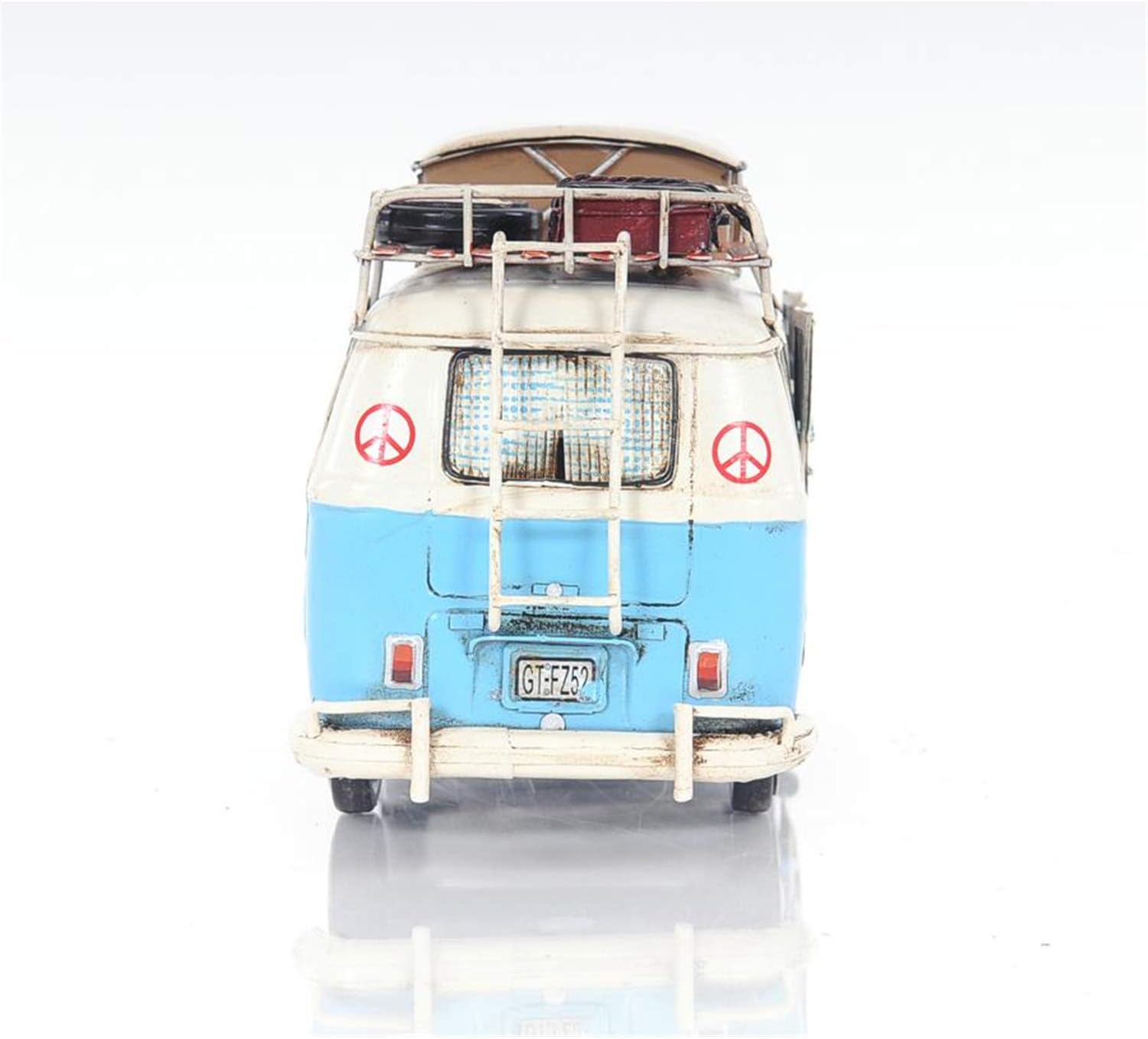 Old Modern Handicrafts Camp Bus Model with Rolling Wheels - 100% Handmade from Iron & Hand-Painted with Classic Blue & White Colors - 11.5L x 5.5W x 6H Inches