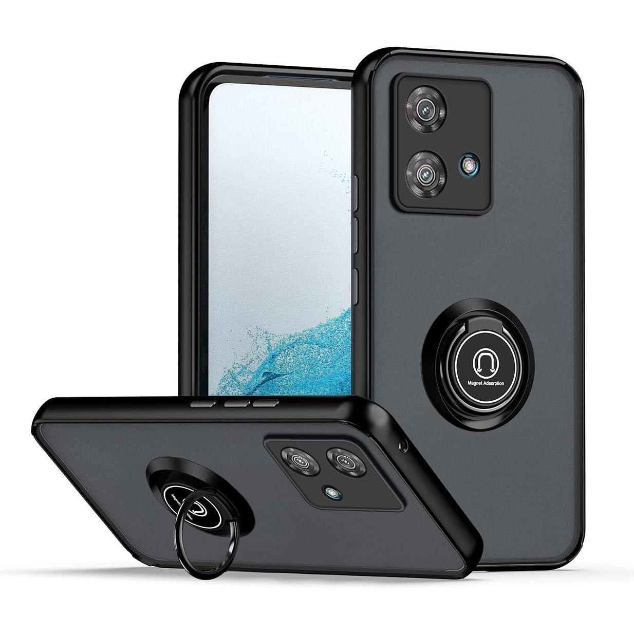 UPLAI Case for Motorola Edge 40 Neo, Ultra Thin Shockproof Cover with Magnetic Ring Holder, Premium PC + TPU Bumper Stylish Translucent Frosted Cover.(Black)