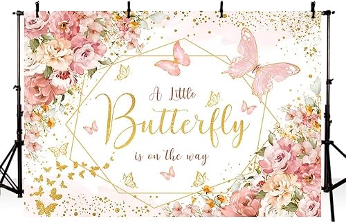 Miniatura 4 de Telón de fondo de mariposa para baby shower de 7 x 5 pies para niñas con texto en inglés "A Little Butterfly is on the Way", fondo de fotografía con