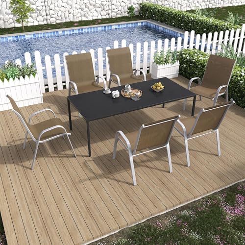 Image of Amopatio Patio Chairs Set of 6, Stackable Outdoor Dining Chairs for All Weather, Silver Frame Outdoor Chair Garden Furniture for Backyard Deck(Brown)