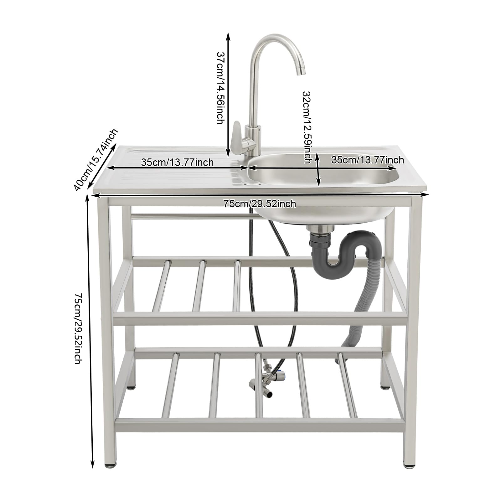 DIFU Edelstahl Spültisch 75x40x78cm Freistehende Spüle mit Unterschrank, Garten Camping Outdoor Spüle Freistehende Küchenspüle Commercial Mobile Multifunktionswaschtisch mit Plattform & Armatur