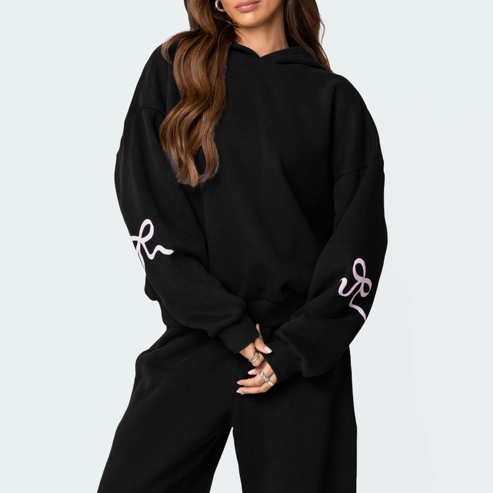 Chándal Y2K con lazo para mujer, 2 piezas, sudadera casual de manga larga para adolescentes y niñas, sudadera con capucha de gran tamaño