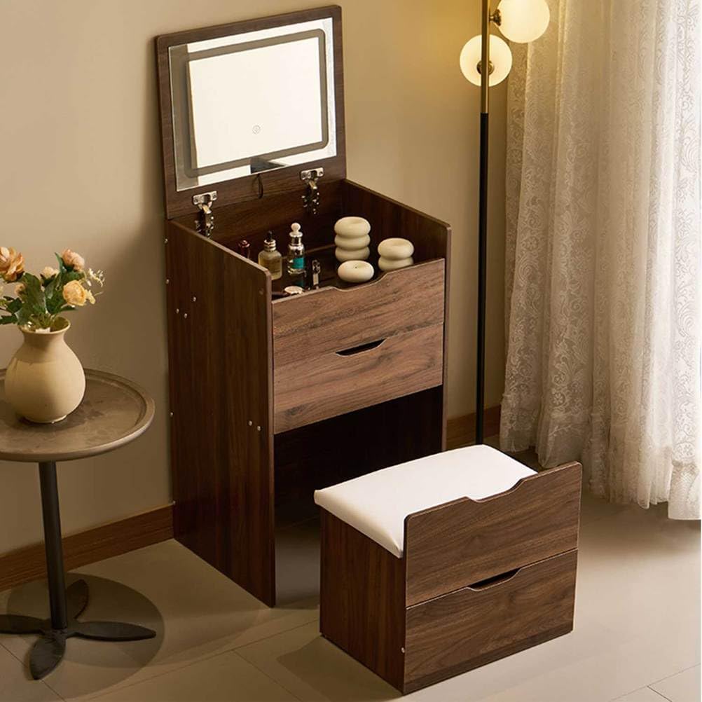 3 in 1 Vanity Desk with Lights and Flip Top Mirror, Small Makeup Table Set Drawers & Storage Chair, Visible Glass Top, Lighting Modes Adjustable, Dressing for Bedroom, Brown
