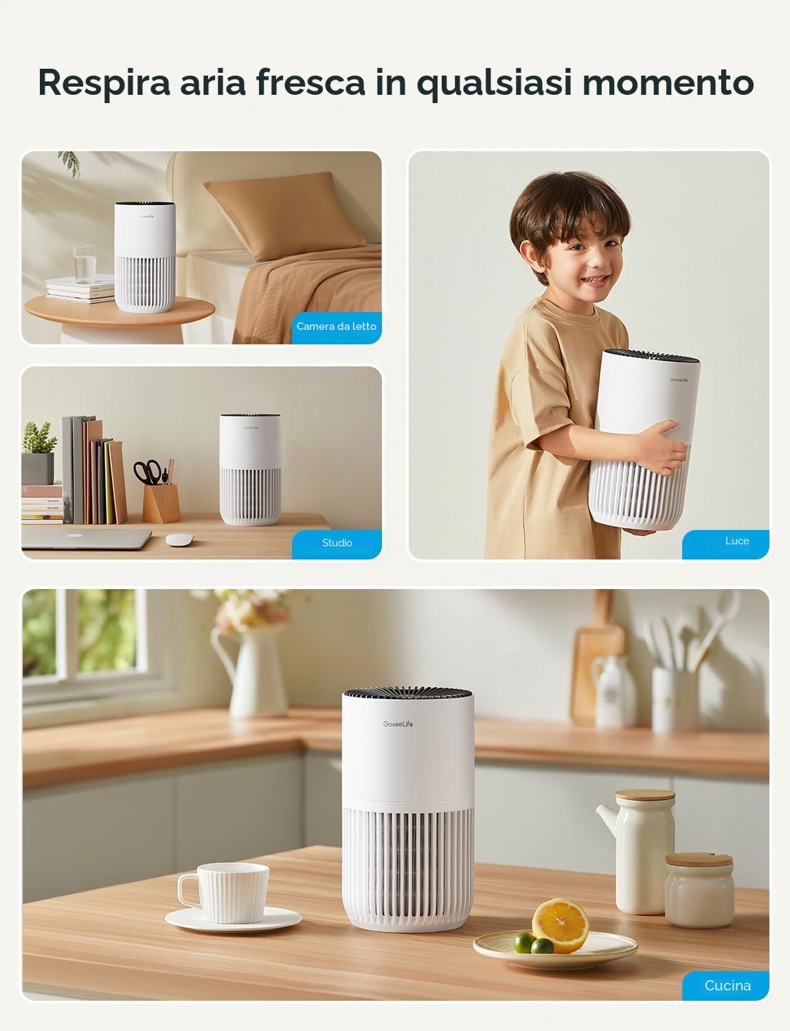 GoveeLife Mini Purificatore d'aria per camera da letto, con filtro HEPA intelligente e controllo tramite app Alexa per peli di animali, odori, polline, fumo, 3 velocità, 2 modalità, timer, aroma casa