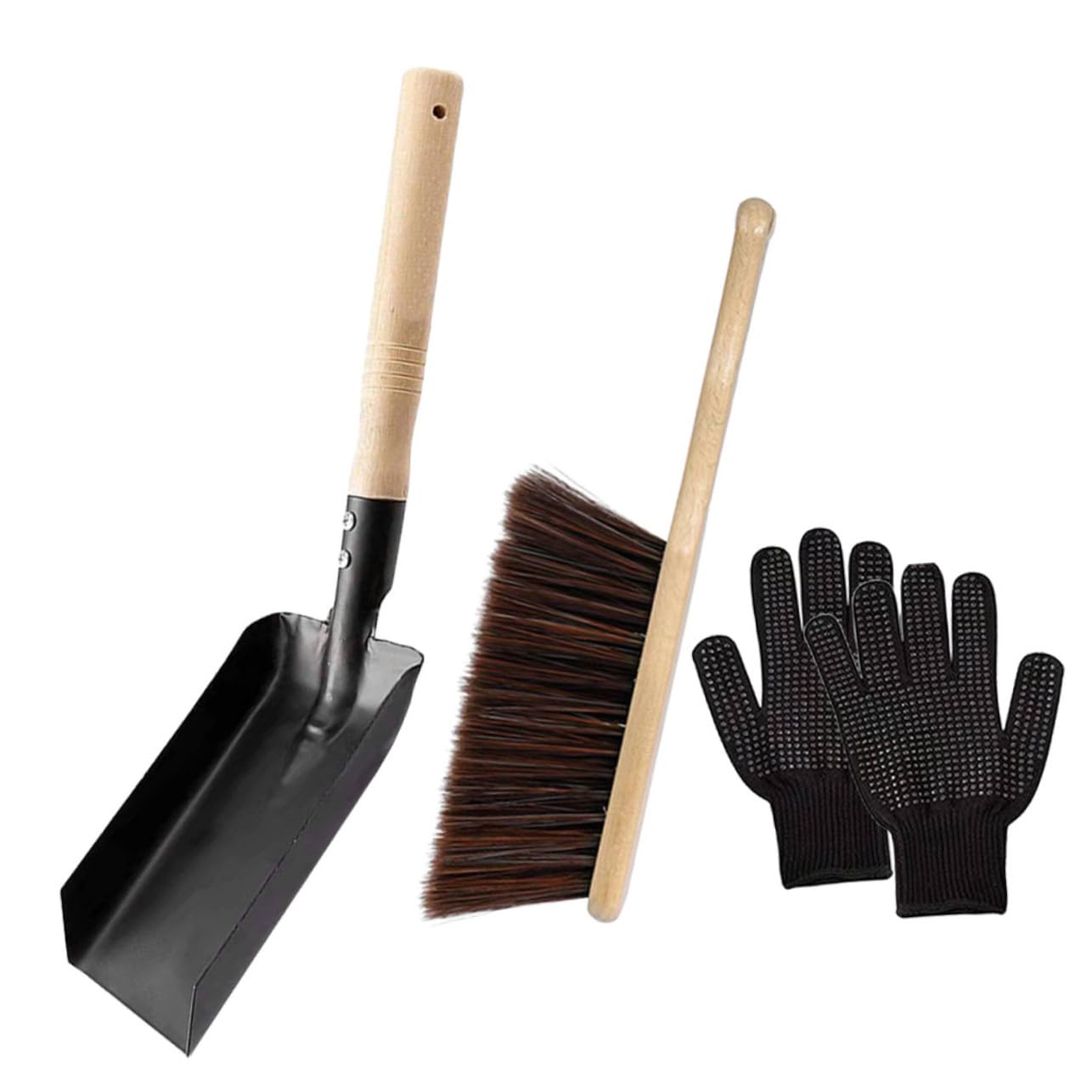 Gatuida Kit la Pulizia del Caminetto Pala per Carbone, Scopa in Legno e Guanti in Silicone Resistenti al Calore, Accessori Domestici Compatti e Portatili per Caminetti e Focolari