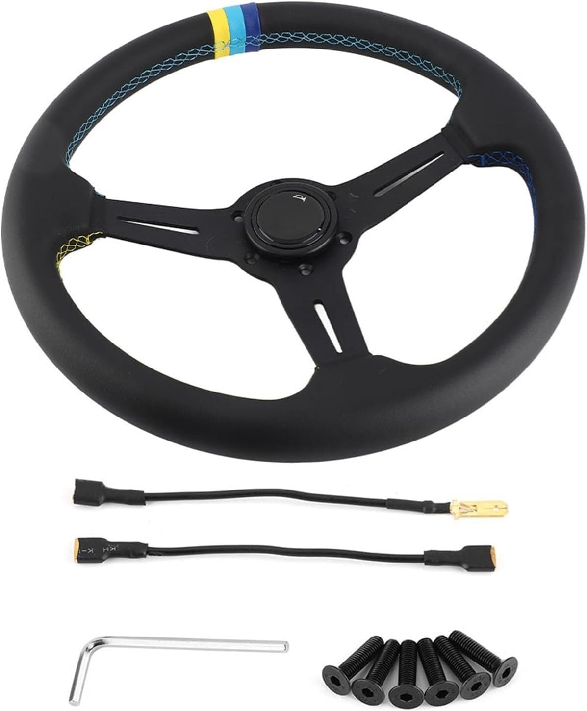 for Volante da corsa in pelle da 350 mm da 14 pollici universale mezzo piatto in lega di alluminio nero con pulsante clacson for gli appassionati di corse automobilistiche