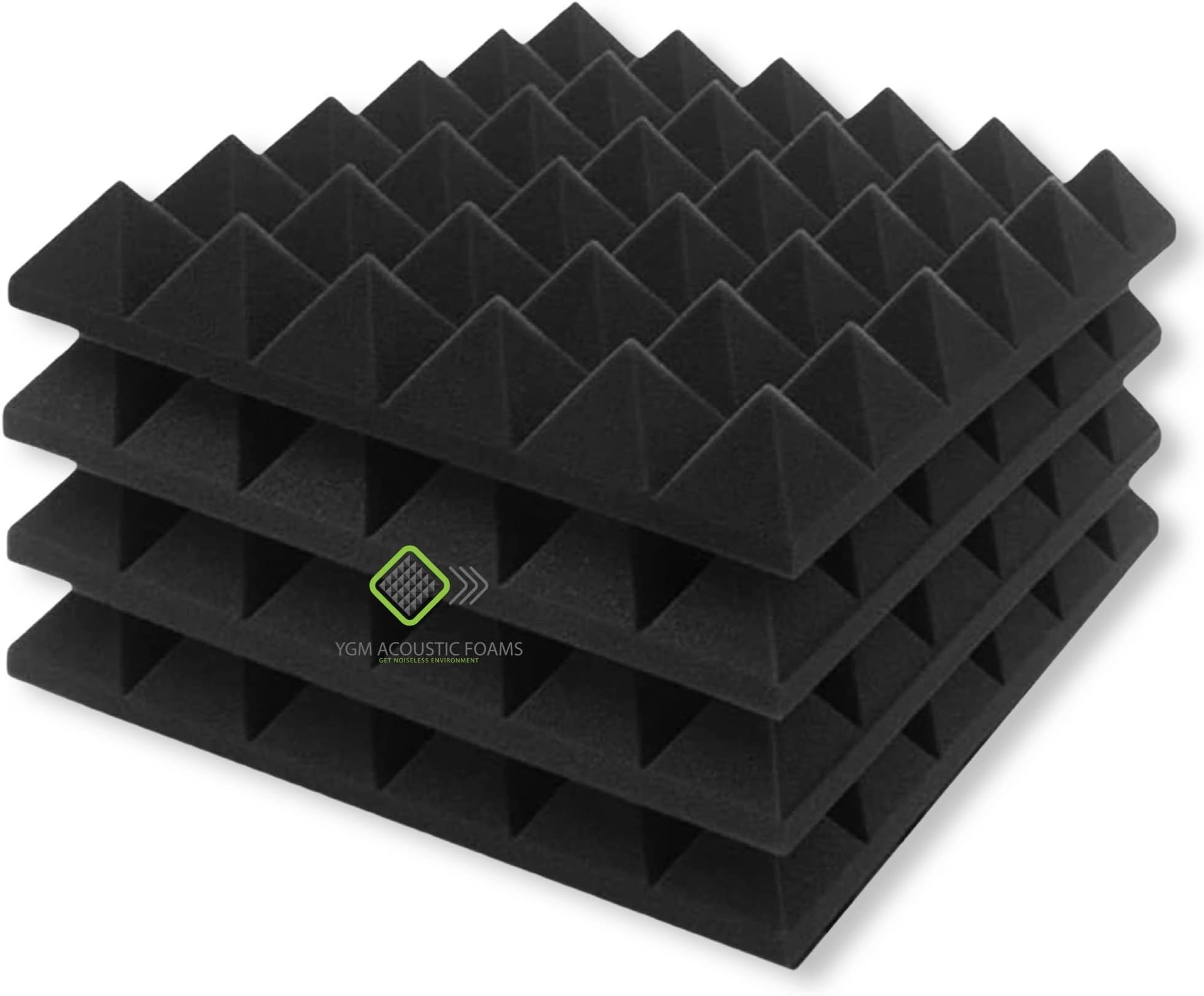 YGM Acoustic Foams® Pyramid Acoustic Panels 12" X 12" X 2", 38 Kg/m³ Premium Grade Studio Noise, Echo Reduction and Absorption, 3D Structure (Charcoal Black) (Set of 4)