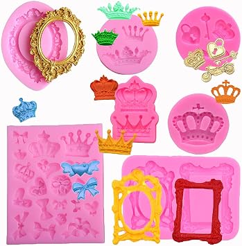 7Pcs Vintage Frame Baroque Style Crown Photo Frame Silicone Molds for Fondant Candy Making Chocolate Mold Desserts Ice Cube Gum Clay Soap Biscuit Plaster resin Cupcake Birthday Party Topper Cake Decor