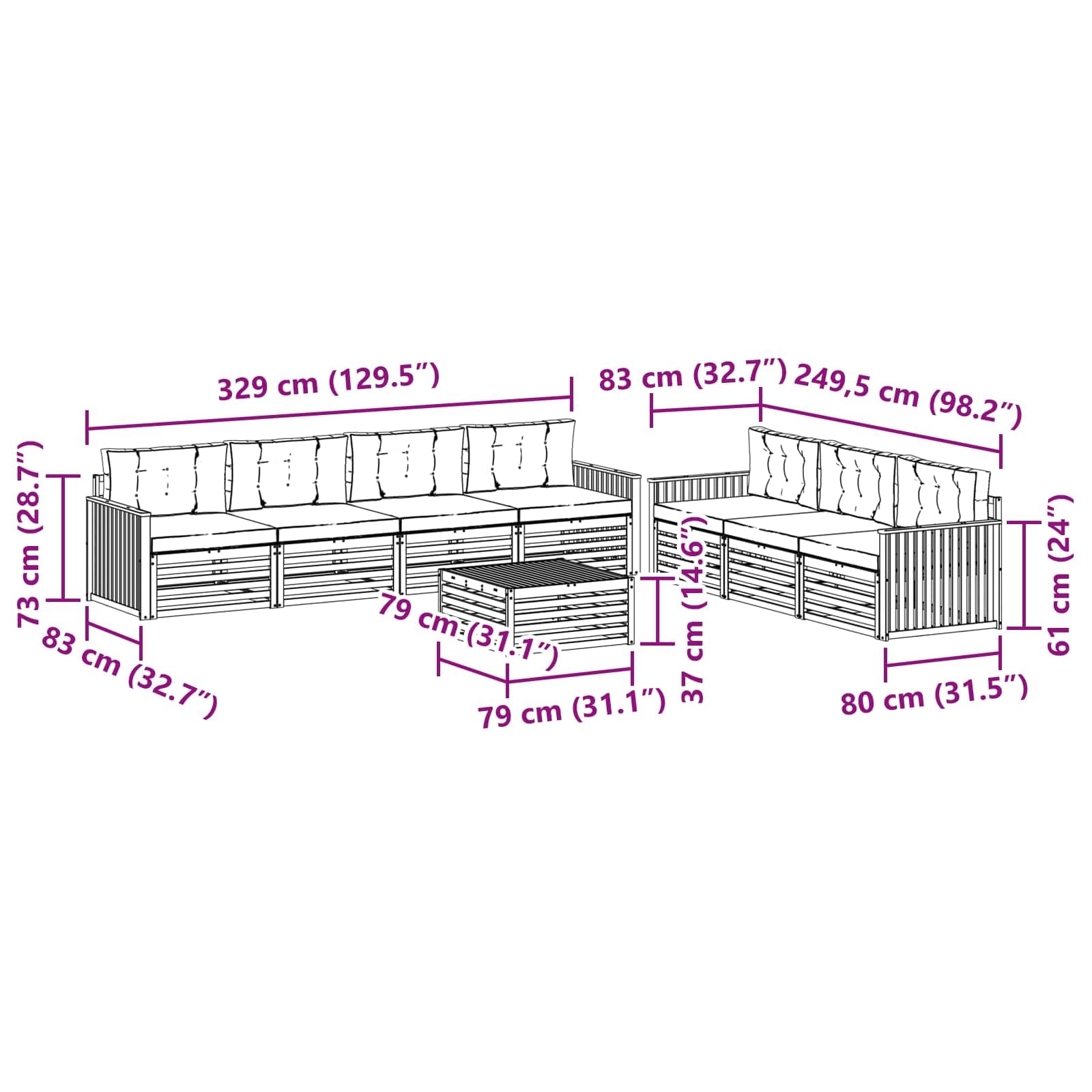 Gartenmöbelset 8-teilig aus massivem Akazienholz wetterfest Moderne Sitzgruppe für Terrasse Balkon Garten Esszimmer Wohnzimmer mit Tisch, Sofas, Stühlen, Kissen, modular, langlebig