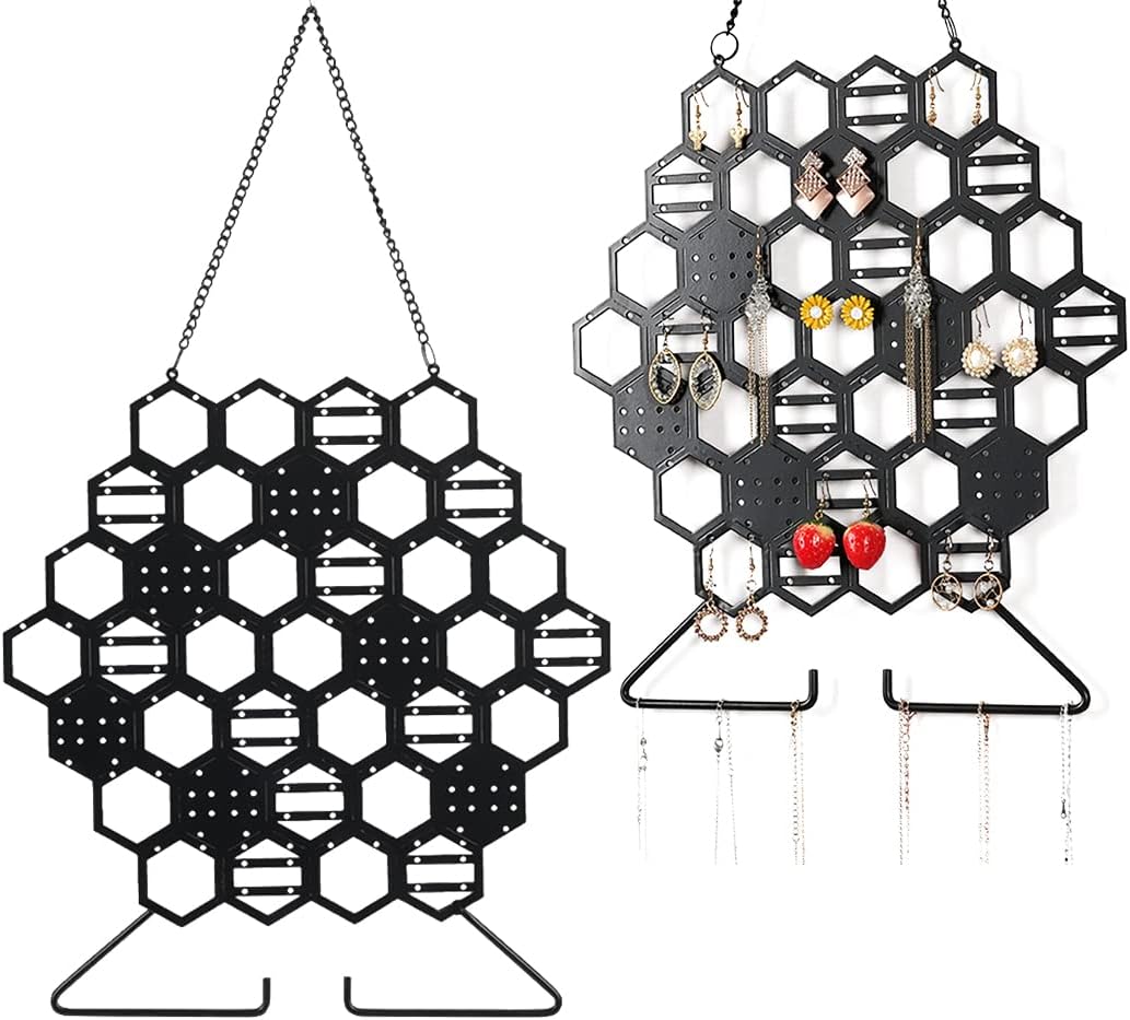 Rolin Roly Hanging Jewelry Organizer Honeycomb Wall Mounted Earring Display Hexagon Hanger Closet Storage Rack with Hooks Black Mesh Necklaces Bracelets Holder for Girl Women